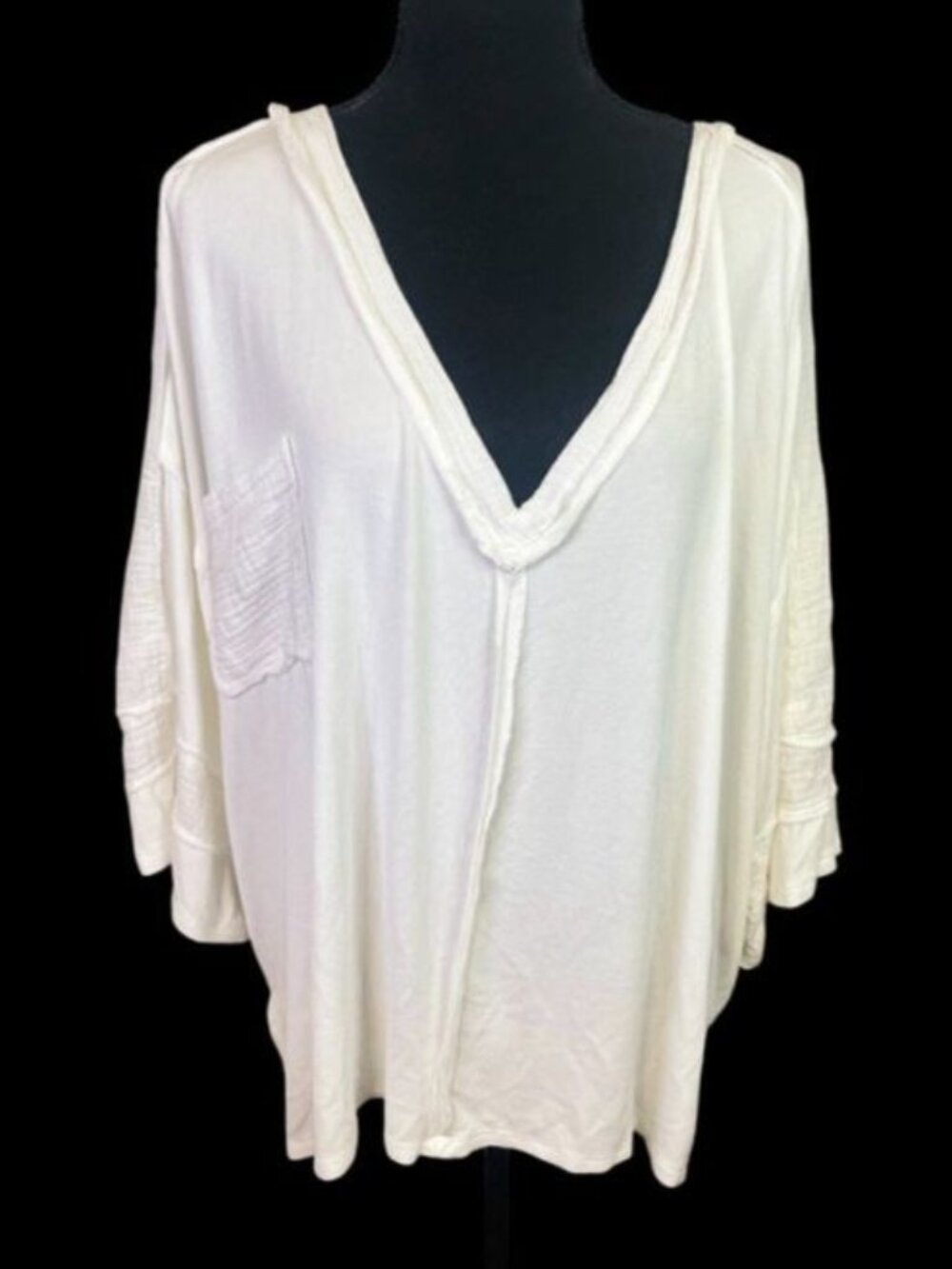 POL Oversized Multi Textured Top Sz S Boho Pocket V Neck Slouchy Dolman Sleeve